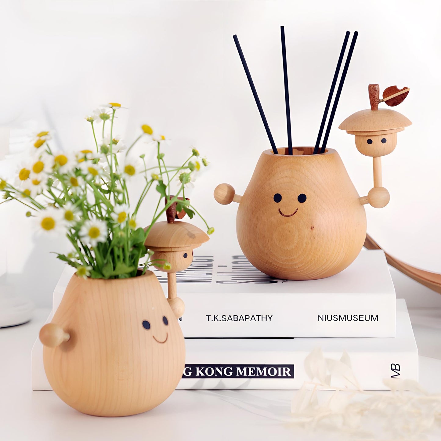 Essential oil diffuser, wooden plant vase, wooden desktop pen holder.