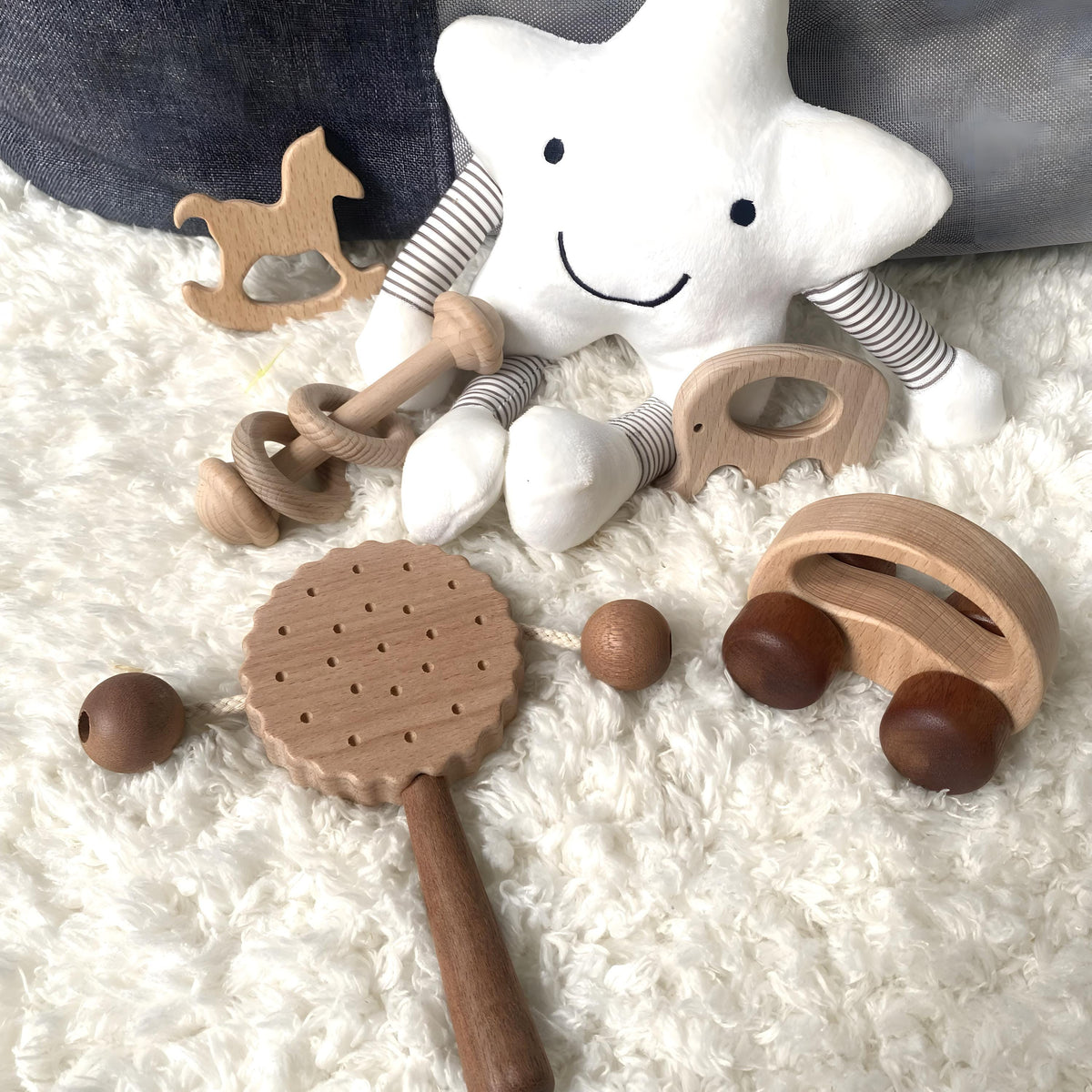 Wooden rattles, rattle toys, teething toys, newborn sensory toy sets.