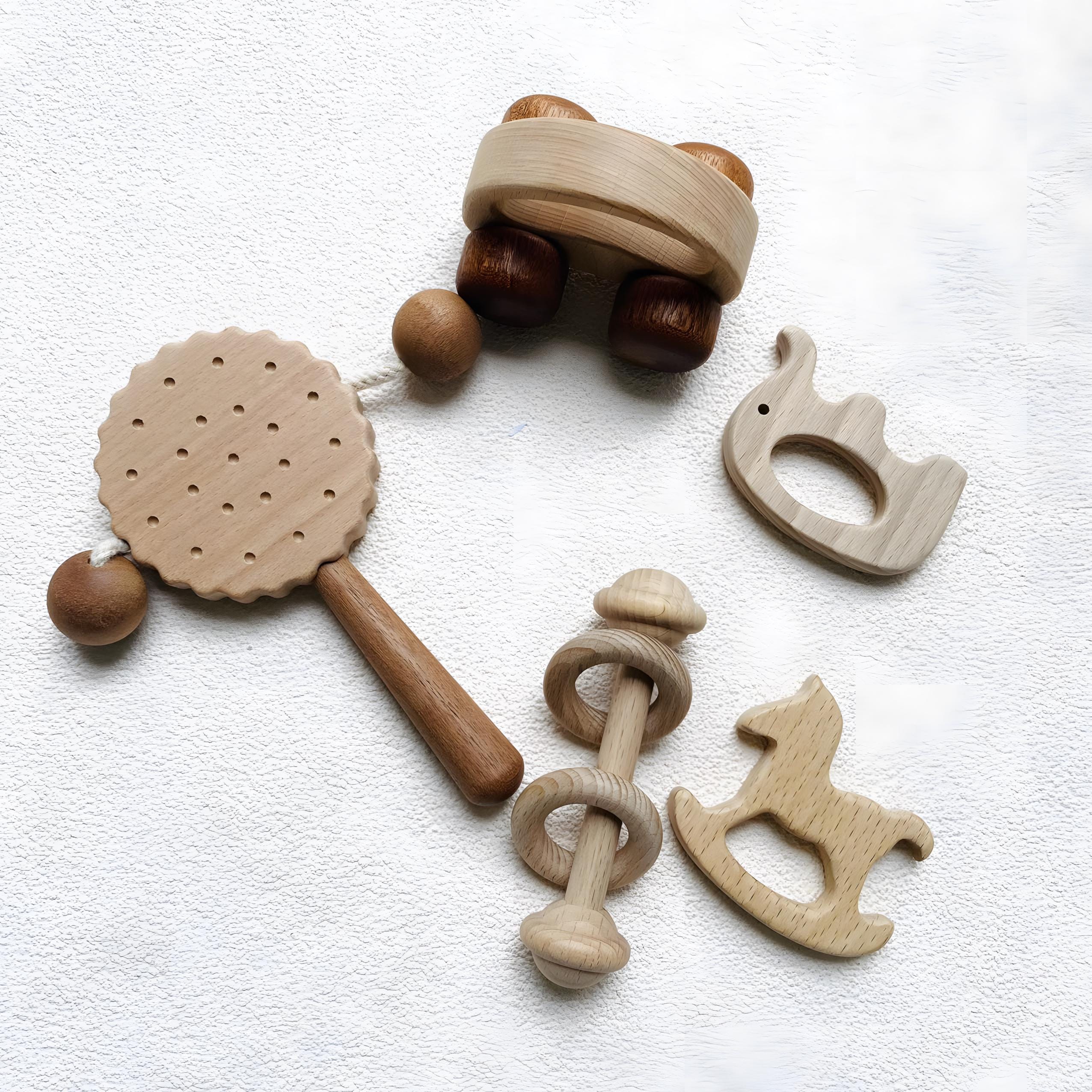 Wooden rattles, rattle toys, teething toys, newborn sensory toy sets.