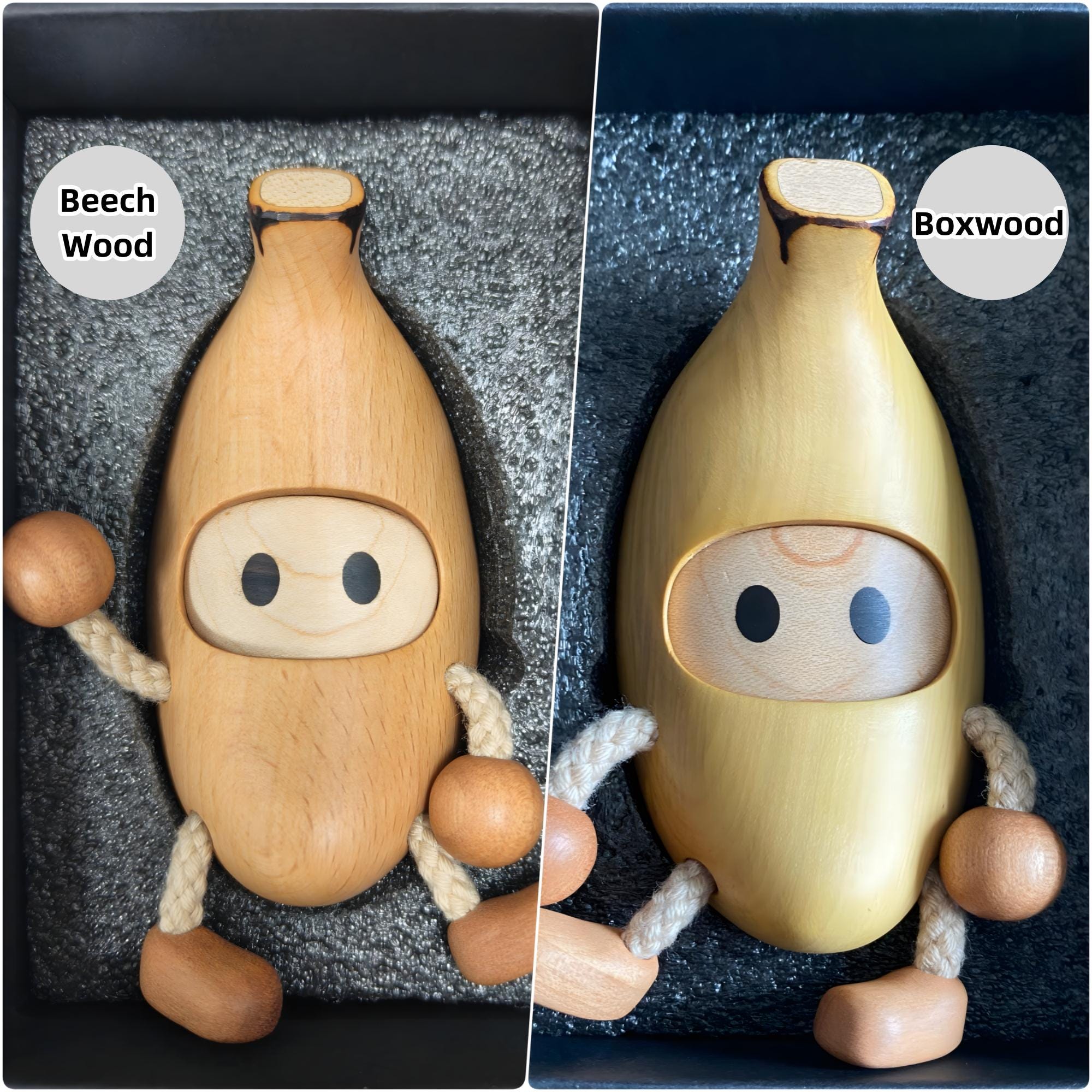 Handmade wooden banana man, a unique gift idea for an anniversary.