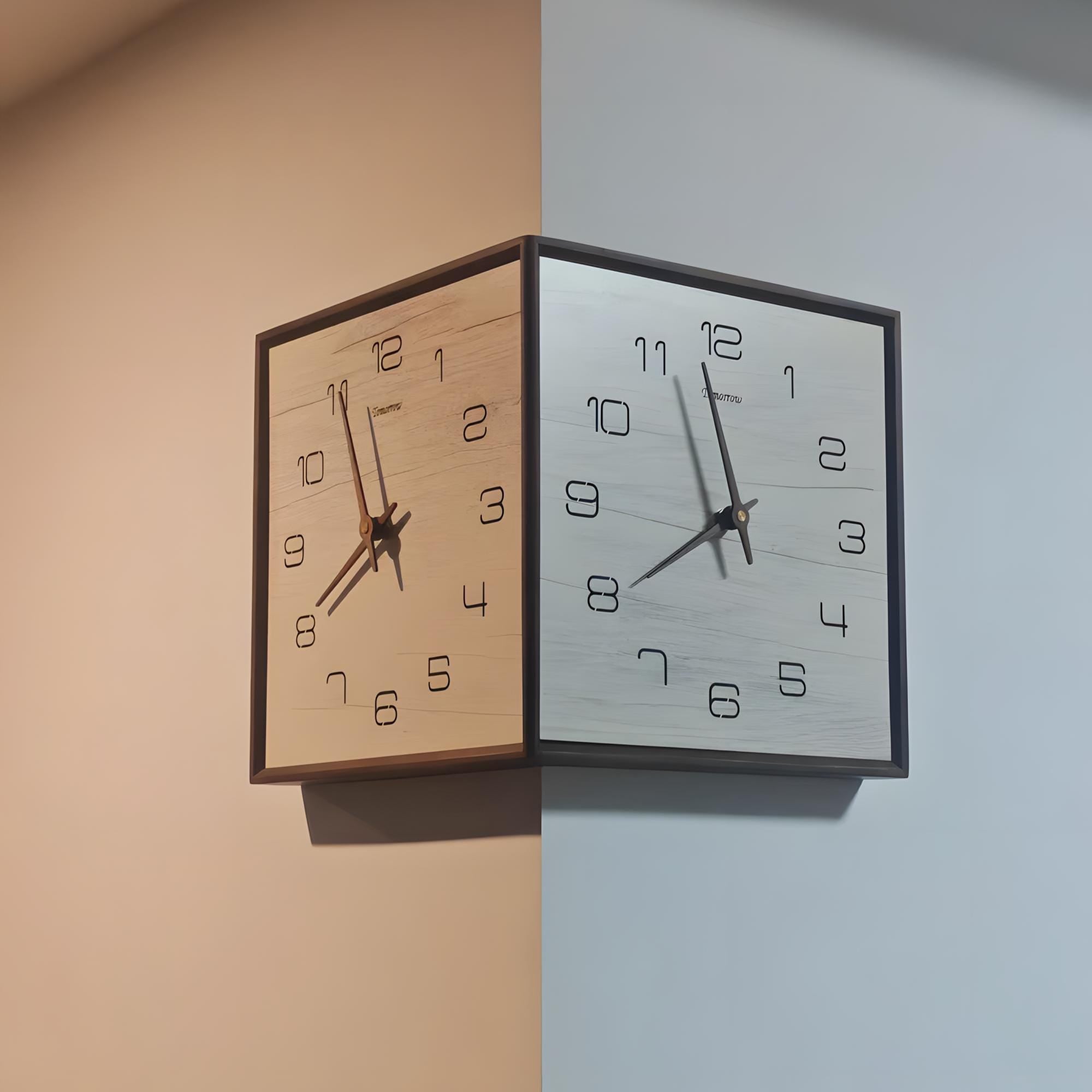 Walnut wall clock - reversible outside corner - no ticking sound.