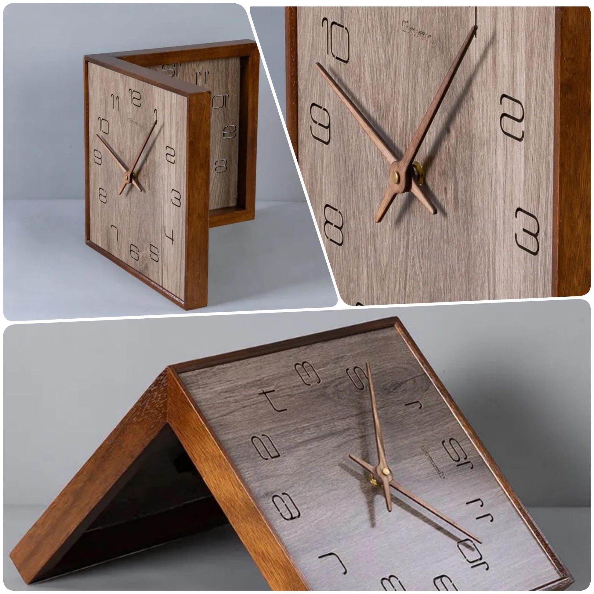 Walnut wall clock - reversible outside corner - no ticking sound.