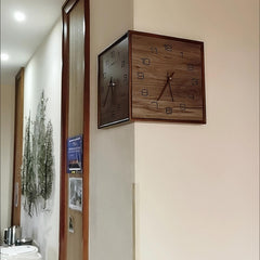 Walnut wall clock - reversible outside corner - no ticking sound.