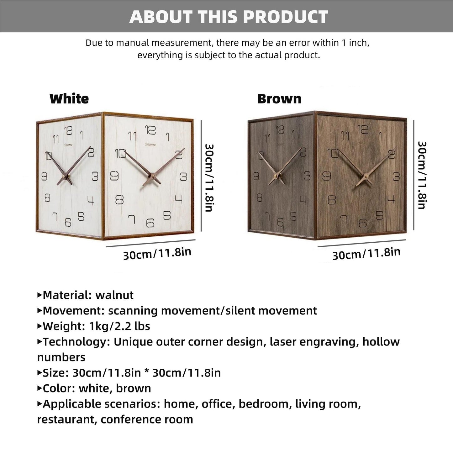 Walnut wall clock - reversible outside corner - no ticking sound.