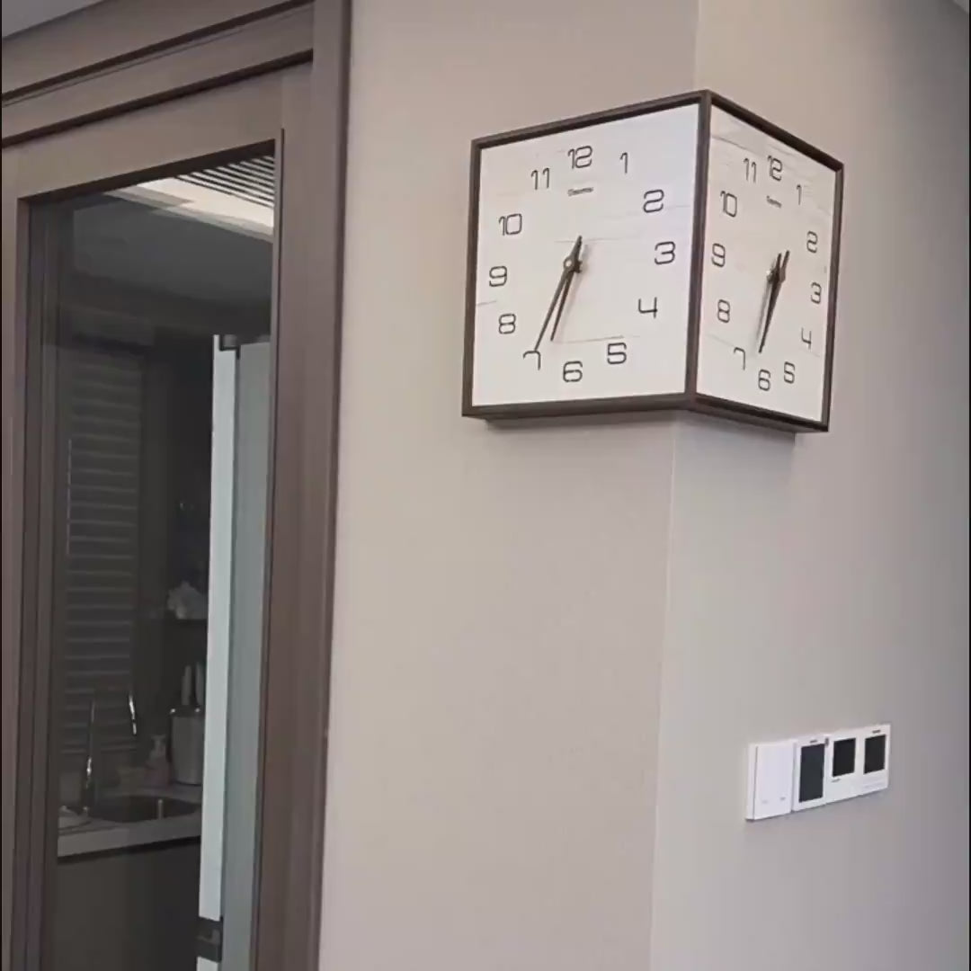 Walnut wall clock - reversible outside corner - no ticking sound.