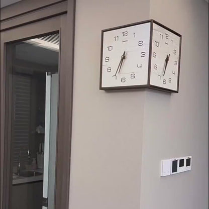 Walnut wall clock - reversible outside corner - no ticking sound.