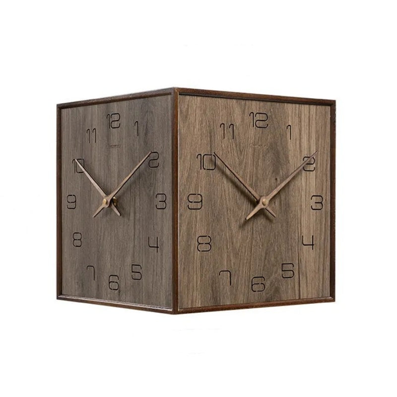 Walnut wall clock - reversible outside corner - no ticking sound.