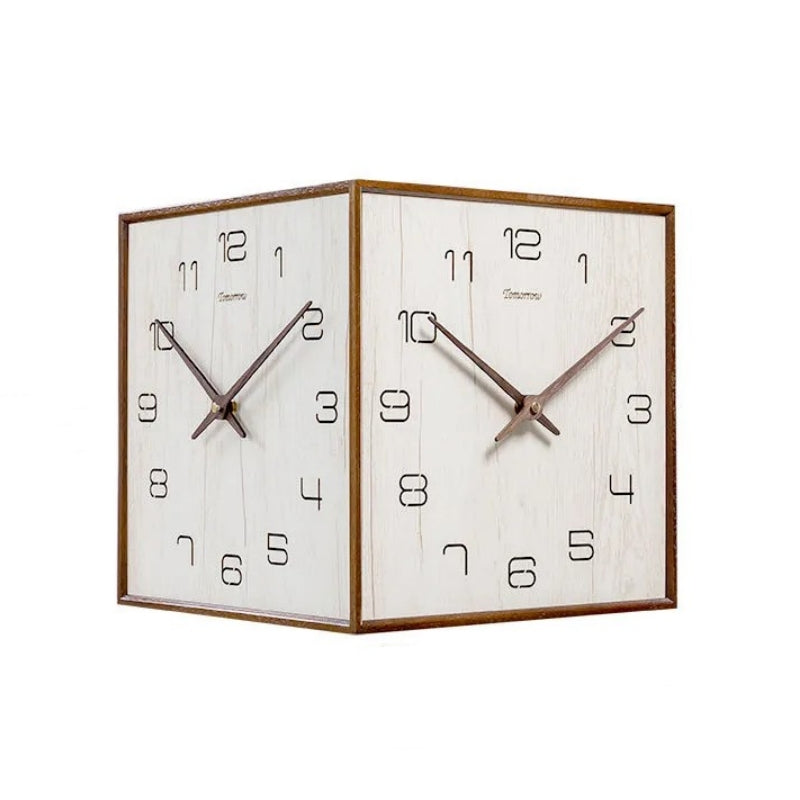 Walnut wall clock - reversible outside corner - no ticking sound.